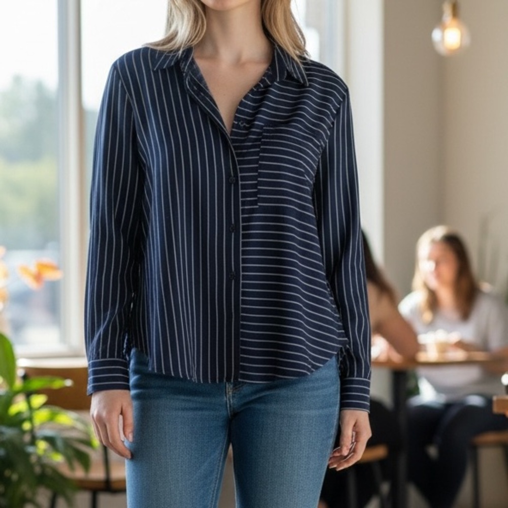Modern Navy Stripe Button-Up Jacket